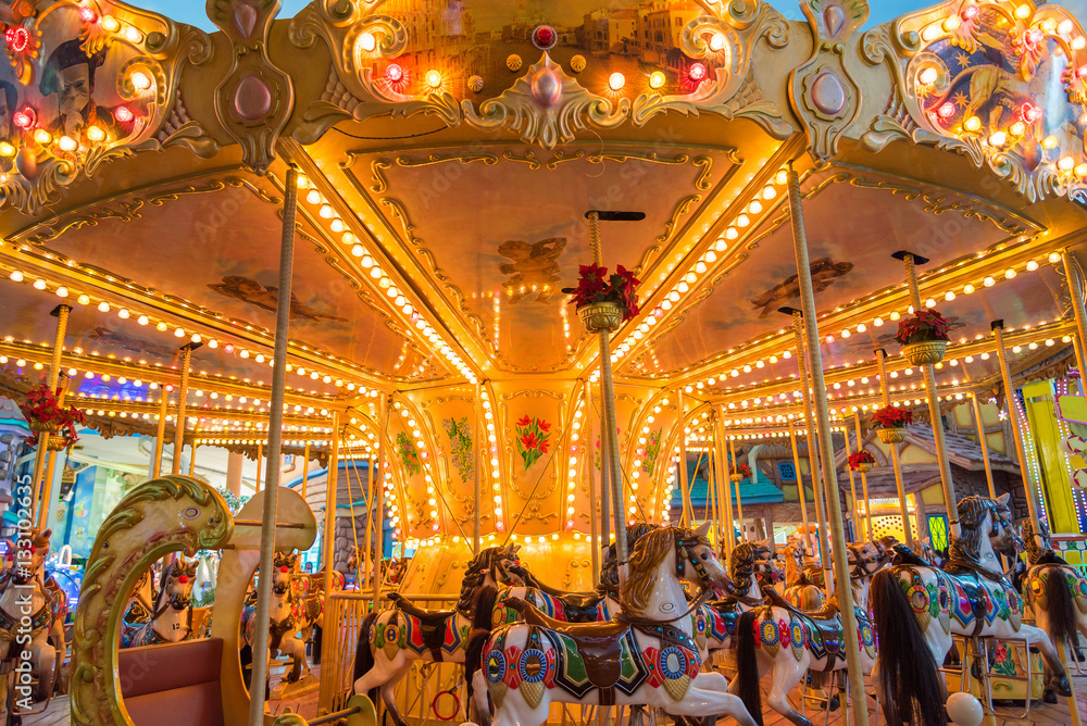 Still Carousel Or Marry-Go-Round With Light Decoration Night Atm Still Carousel Or Marry-Go-Round With Light Decoration Night Atm