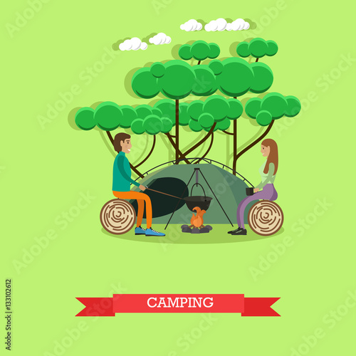 Camping with tent concept vector illustration in flat style.
