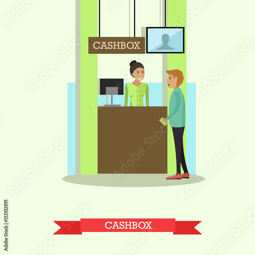 Vector illustration of bank teller serving customer in flat style.