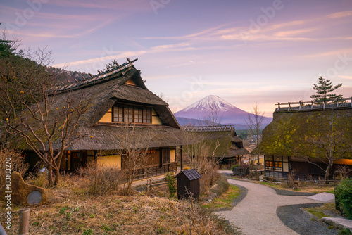 Old Japanese style house and Mt. Fuji at sunset