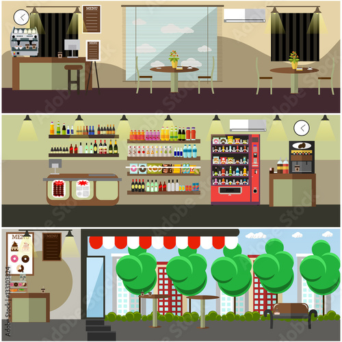 Vector set of coffee interior concept design elements, flat style