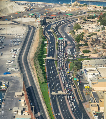 Dubai city traffic, aerial view from helicopter