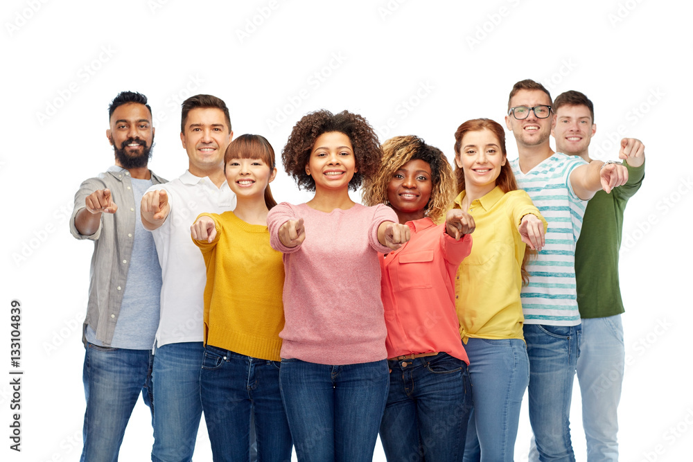 international group of people pointing on you international group of people pointing on you