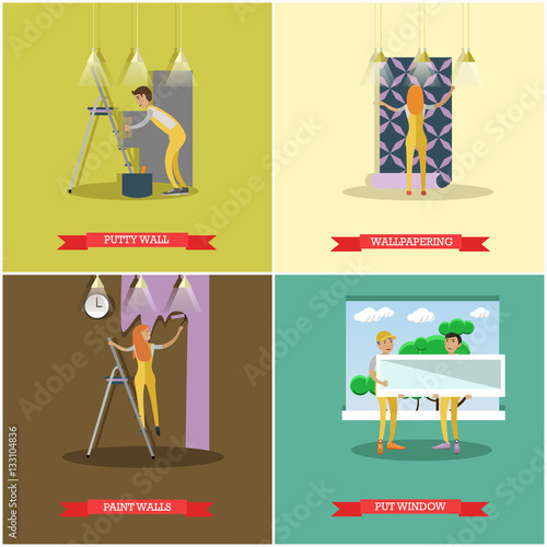 Vector set of construction and repairing house concept posters