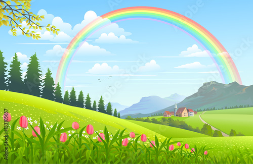 Rainbow over a lovely village