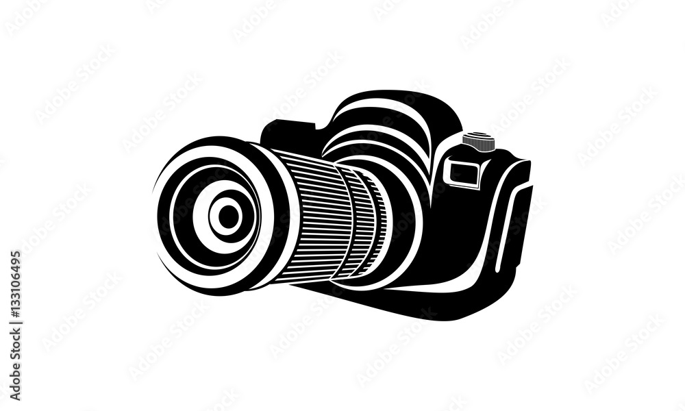 Vetor de Vector flat style illustration of camera Black And White Simple  Camera With Long Lens do Stock | Adobe Stock
