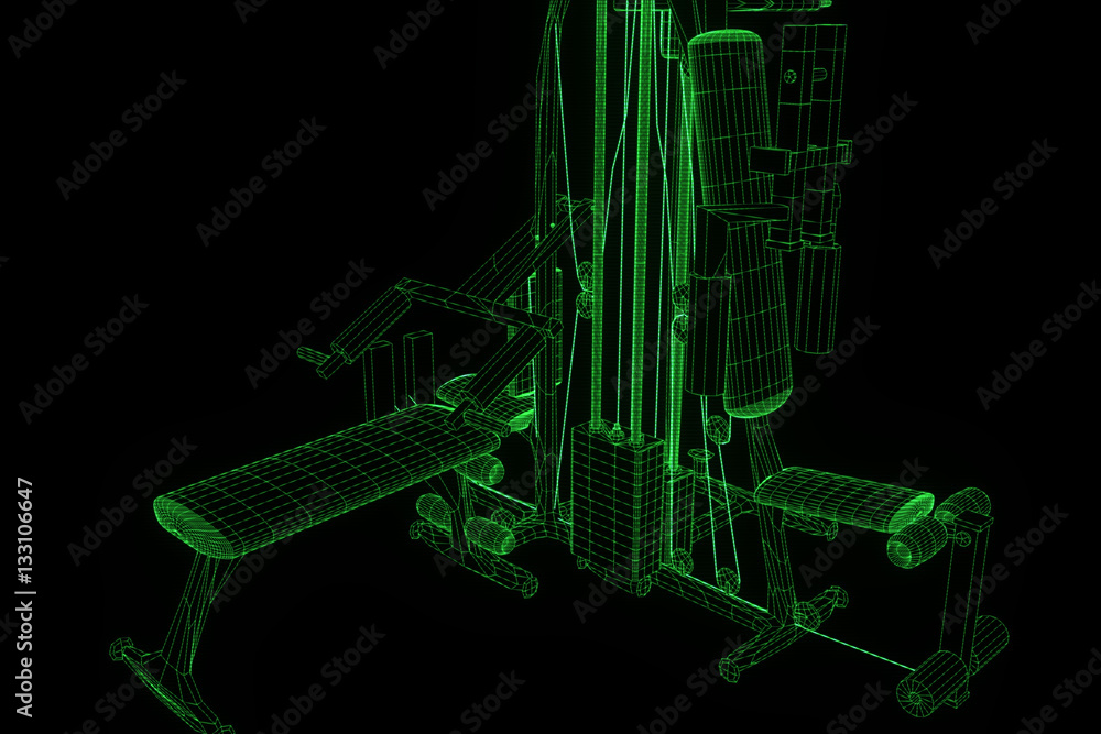 Gym Bench in Hologram Wireframe Style. Nice 3D Rendering
