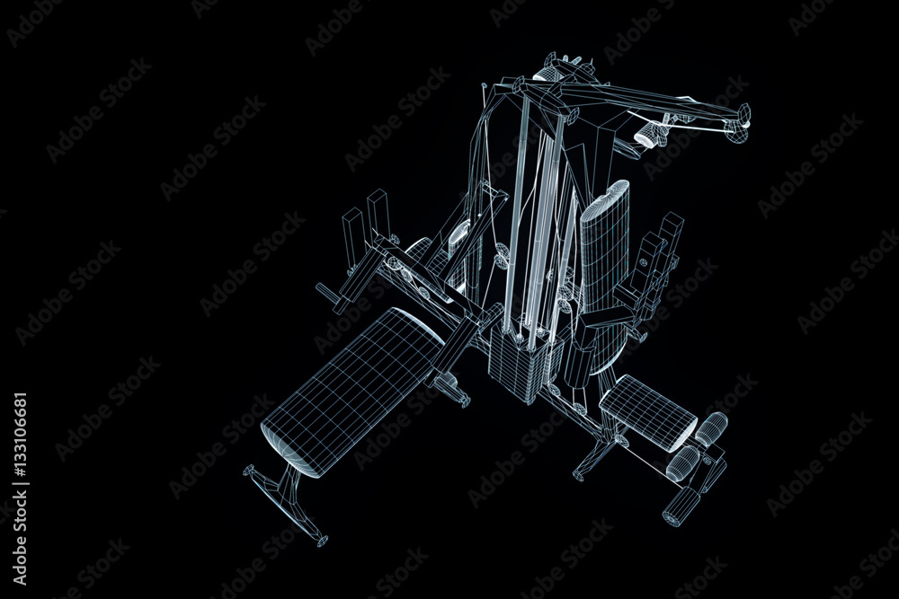 Naklejka premium Gym Bench in Hologram Wireframe Style. Nice 3D Rendering 