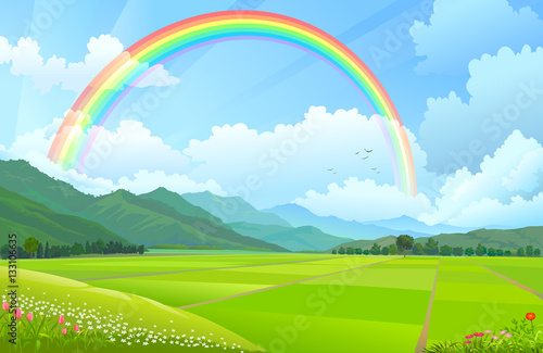 Rainbow over the mountains  hills and rice fields