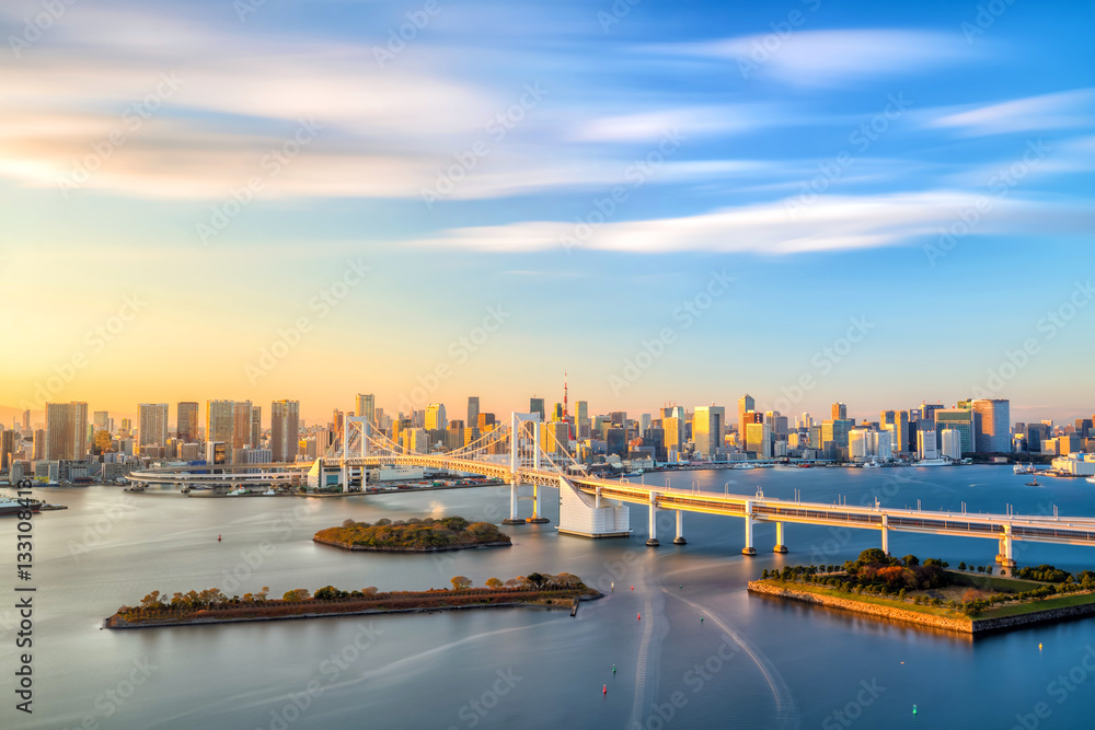 Naklejka premium Tokio panoramę z wieżą tokijską i mostem tęczowym