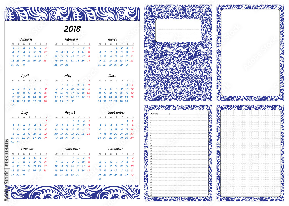Set of pages template for daily planner. Printable, for scrapbook. Blue  openwork ornament design. Part 2. Calendar 2018, cover, cells, empty page,  for every day in month notes. Vector illustration. Stock Vector |