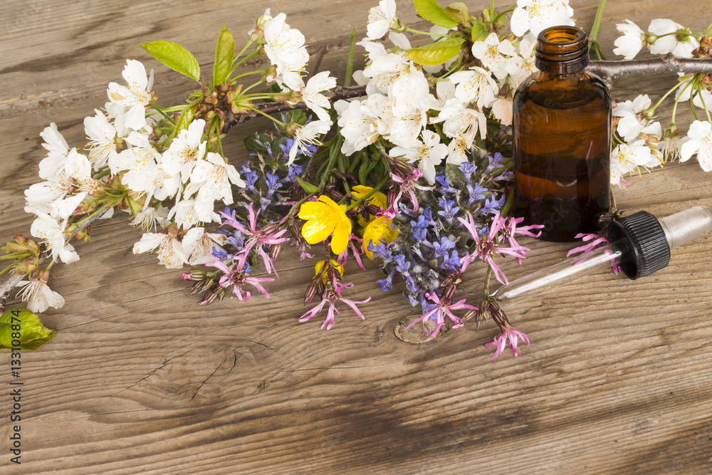 Essence of spring flowers on wooden background