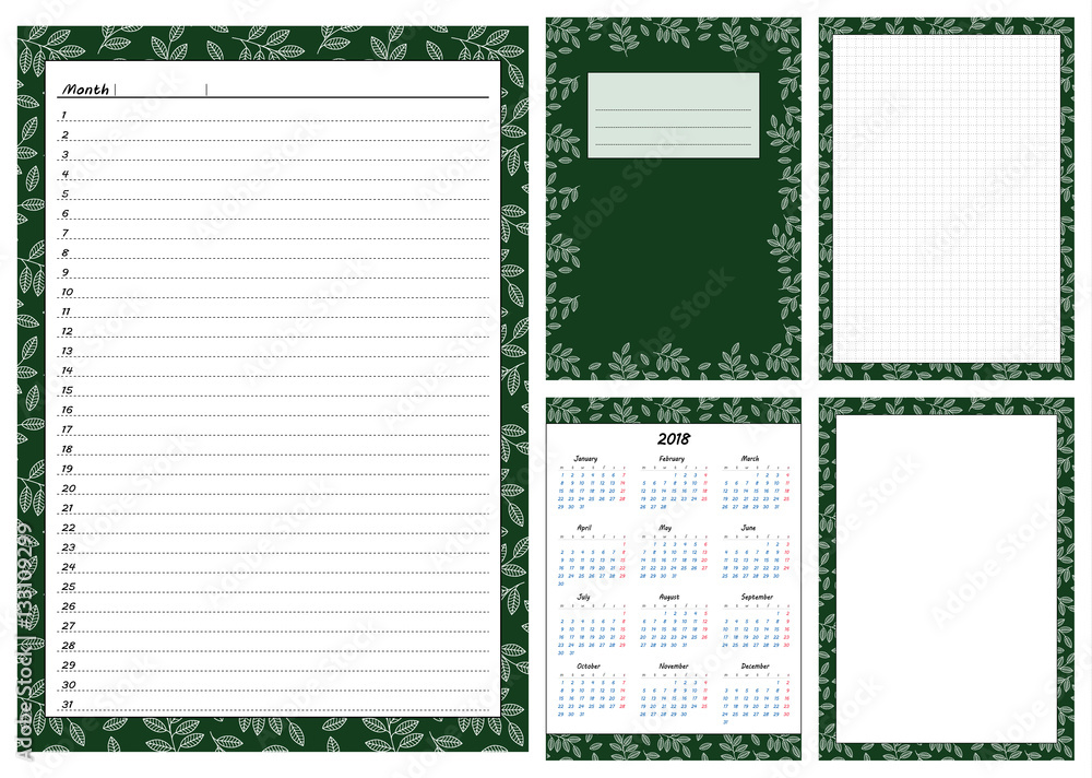 Set of pages template for daily planner. Printable, for scrapbook. Leaves  on green background design. Part 2. Calendar 2018, cover, cell, empty page,  for every day in month notes. Vector illustration. Stock