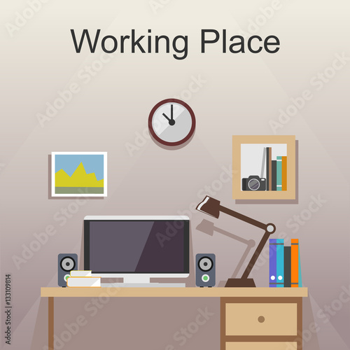 Working place or studying place illustration. Banner illustration. Flat design illustration concepts for working place at office, working place at home, workspace, workplace,  studying place. © hanss