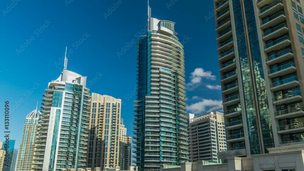 View of Dubai Marina Towers and canal in Dubai timelapse hyperlapse View of Dubai Marina Towers and canal in Dubai timelapse hyperlapse