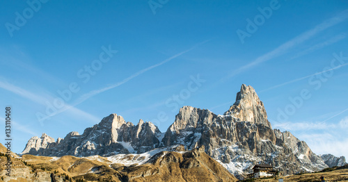 The landscape of the Italian Dolomites Italy  17 December 2016 Trento Dolomites winter morning clear blue sky  beautiful landscape three peaks Cima - Rassorole