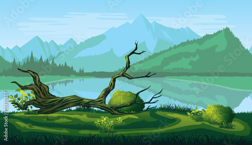 Seamless background of landscape with river, forest and mountains.