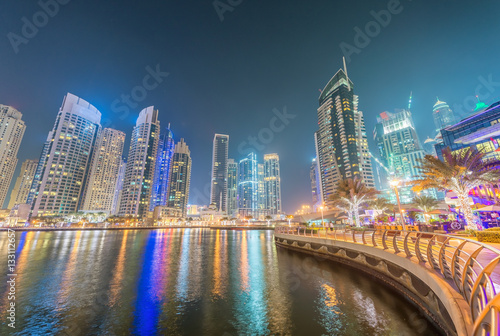 Dubai Marina night skyline along artificial canal, UAE