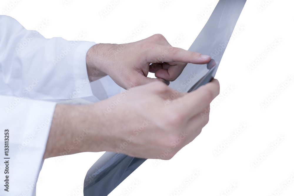 hand of doctor point to x-ray film on white background,clipping