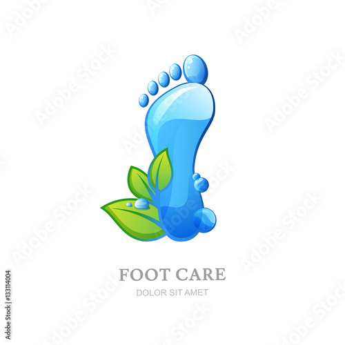 Womens foot care vector logo, label design. Female sole with clean water texture and green leaves. Concept for beauty salon, pedicure cosmetics, organic body care and spa.