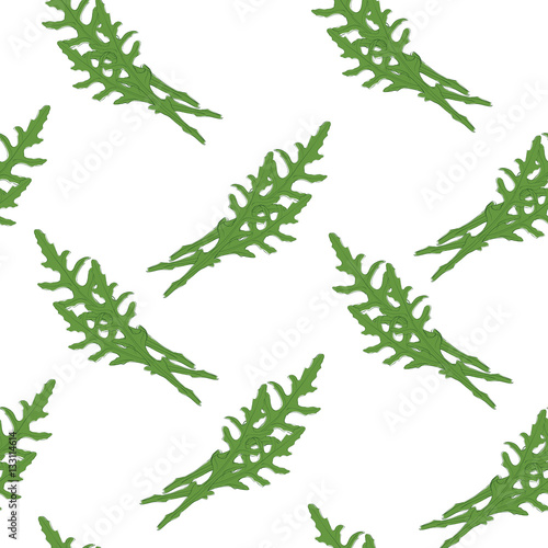 Vector illustration seamless pattern, background hand drawn fresh green arugula leaves isolated on white background. Sketch rucola salad. Design elements for restaurant, cafe or shop.