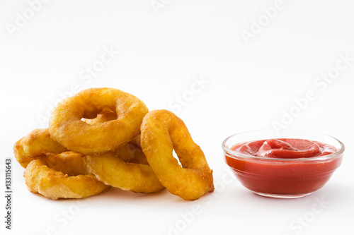 Fried calamari rings with and ketchup isolated on white background
