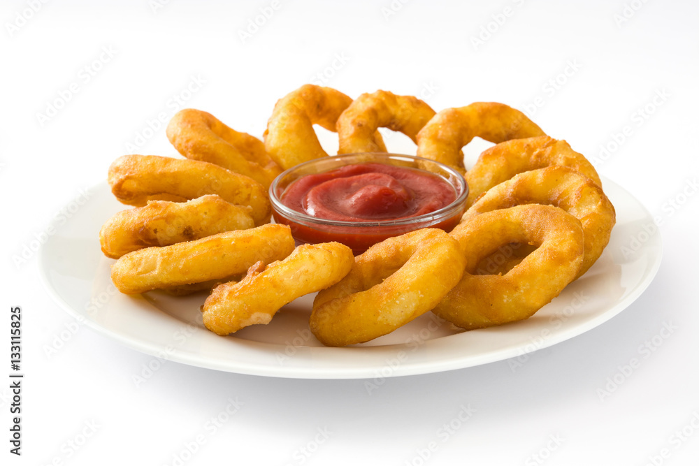 Fried calamari rings with and ketchup isolated on white background
Fried calamari rings with and ketchup isolated on white background