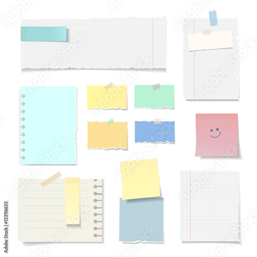 Set of blank Torn paper sheets isolated on white background. Realistic vector note pieces collection with sticky tape