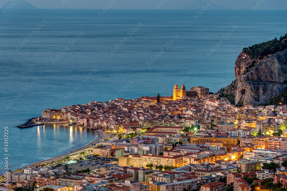 The old town of Cefalu at the north coast of Sicily at dawn