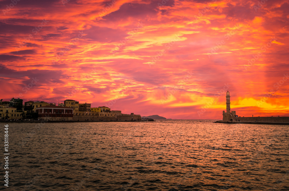 Stunning sunset view of the old venetian port of Chania on Crete island Greece.