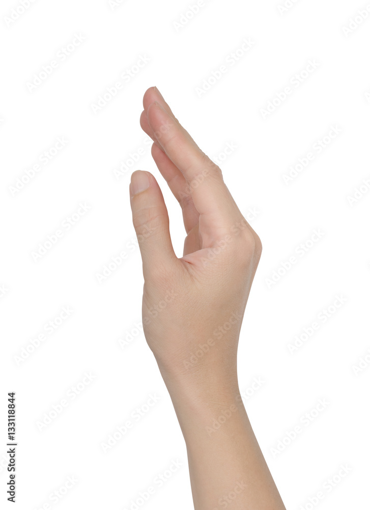 Obraz premium Close-up of Asian woman or female's right hand reach or hold virtual business card, credit card or blank paper isolated on white background