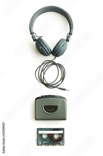 Vintage walkman, audio tape and headphones.