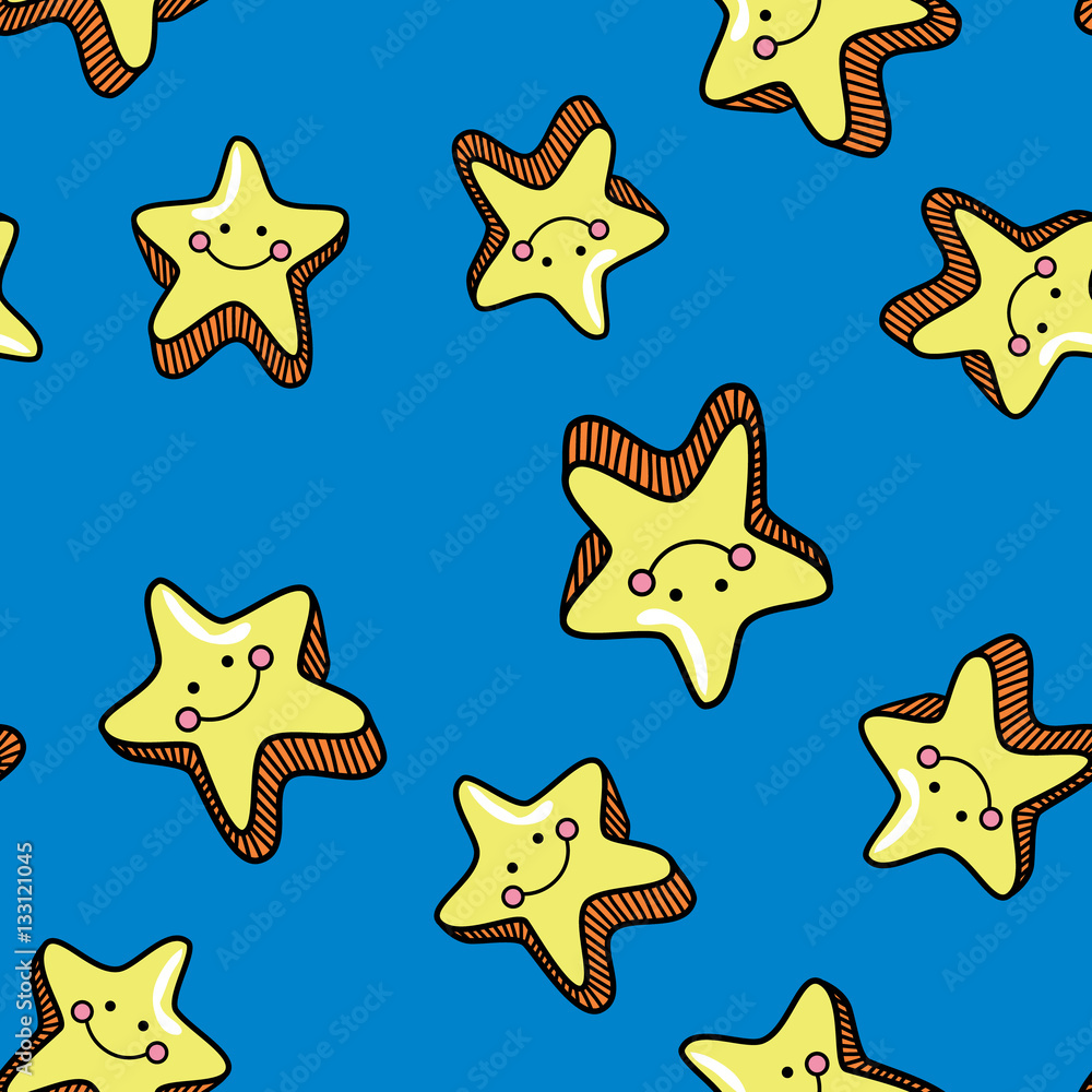 Seamless pattern with cute smiling stars on blue background. Seamless pattern with cute smiling stars on blue background.