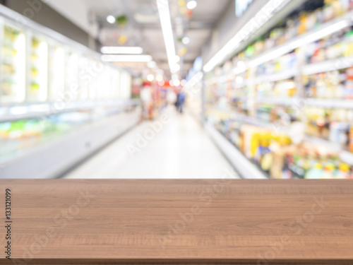 Abstract blurred supermarket aisle with colorful shelves and unr