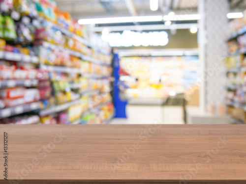 Abstract blurred supermarket aisle with colorful shelves and unr