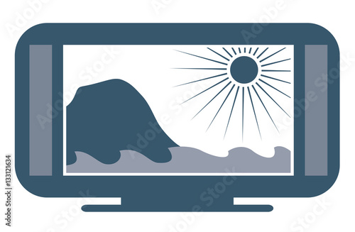 Wide screen flatscreen 4k TV with ocean scenery. Vector illustration