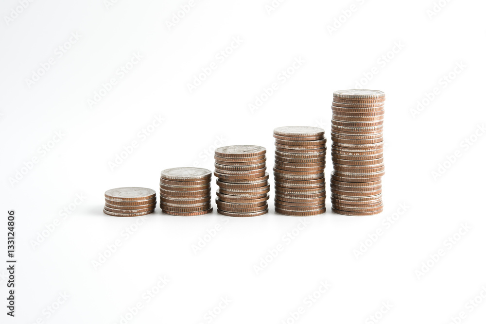 coin stacked on white background.For business growth and financial concept coin stacked on white background.For business growth and financial concept