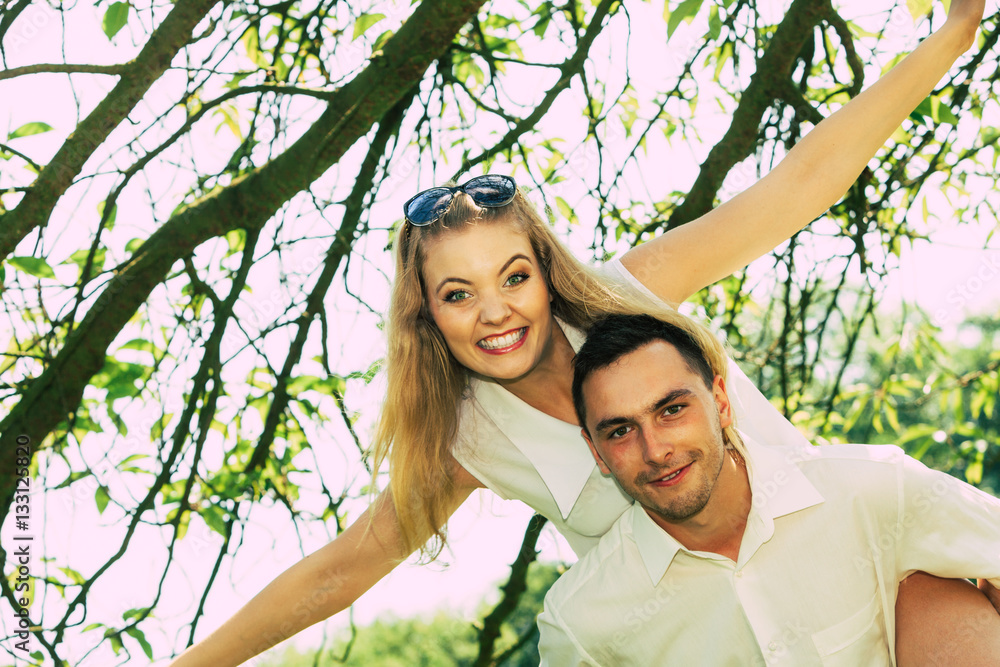 Happy couple having romantic date in park Happy couple having romantic date in park
