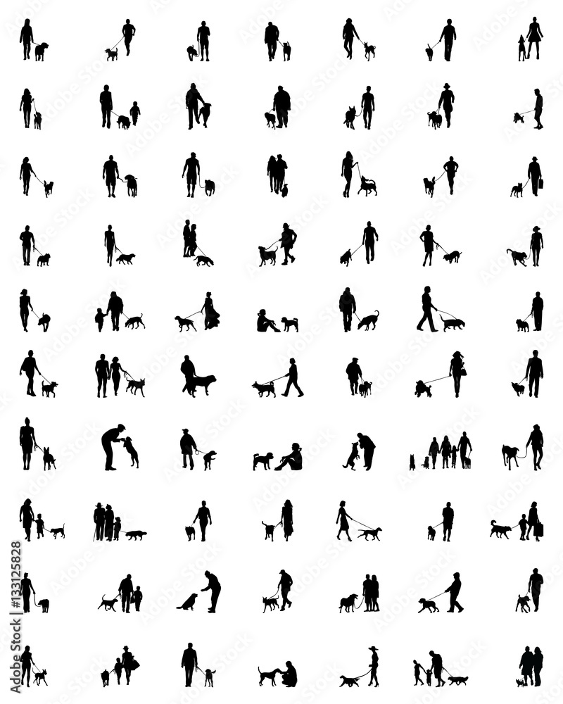 Black silhouettes of people with dog, vector