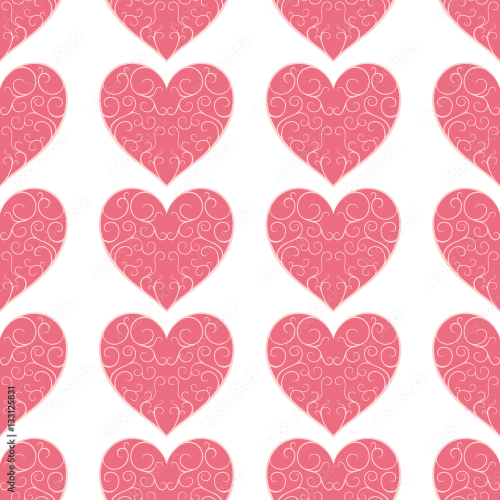 The pattern of beautiful pink openwork hearts on a white backgro