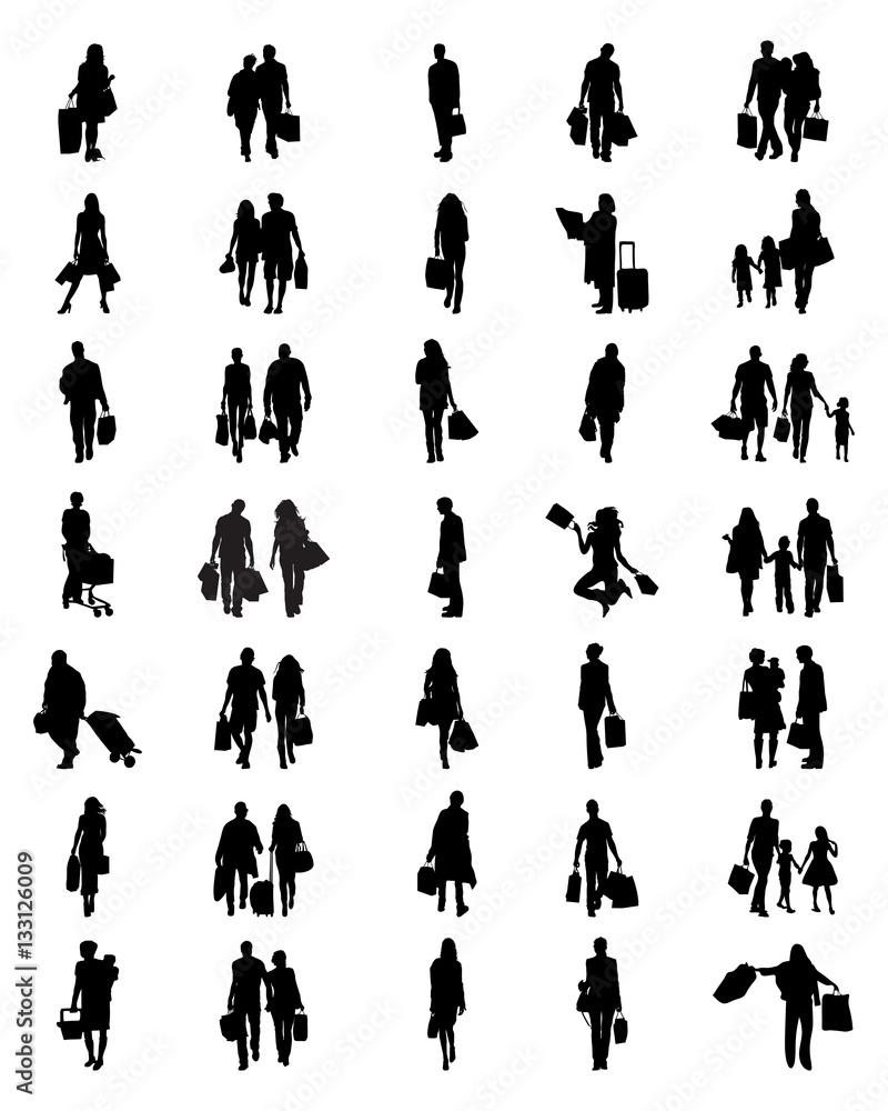 Black silhouettes of people in the shopping, vector