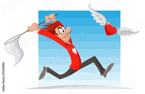 Man trying to catch flying  heart with a butterfly net. Cartoon styled vector illustration. Elements is grouped and divided into layers. No gradient, no transparent objects.