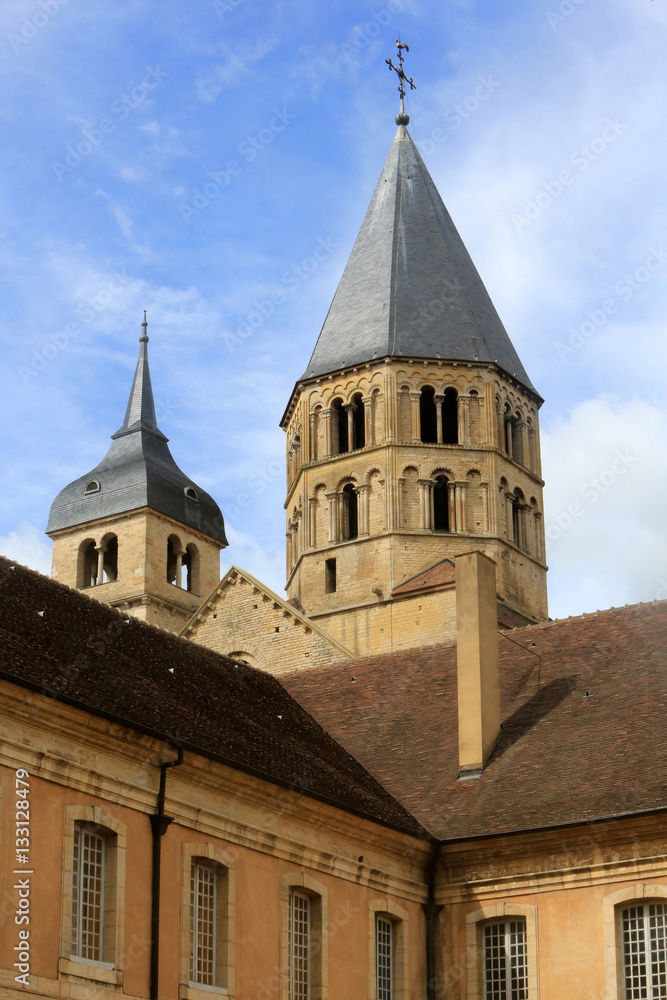 Le clocher de l'Eau Bénite et le Clocher de l'Horloge. Abbaye de Cluny. Fondée en 909 ou 910. France. / The bell tower of Holy Water and Tower Clock. Cluny Abbey. Cluny was founded in 910. France.