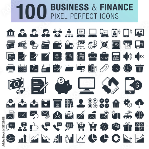 Set of 100 pixel perfect business and finance icons for mobile apps and web design. 
