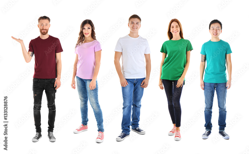 Young people wearing different t-shirts on white background Young people wearing different t-shirts on white background