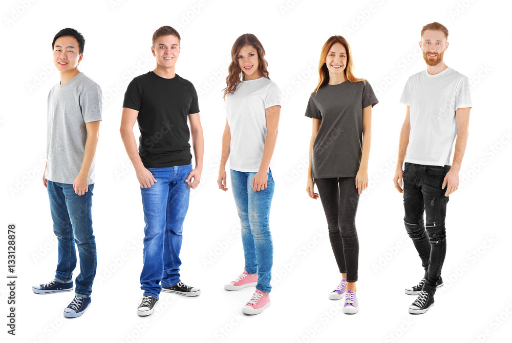 Young people wearing different t-shirts on white background Young people wearing different t-shirts on white background