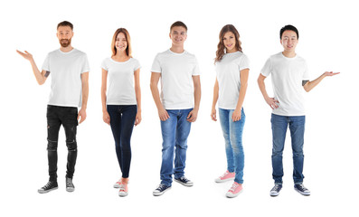 Young people wearing different t-shirts on white background