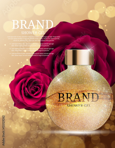 Shower Gel Bottle Template for Ads or Magazine Background. 3D Realistic Vector Iillustration