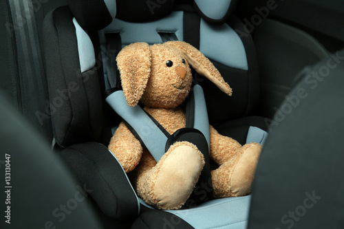Toy bunny sitting in baby safety seat photo