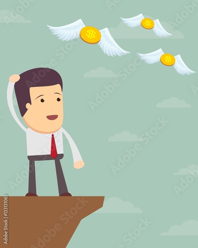 A sad man in a suit see off a flying away money.